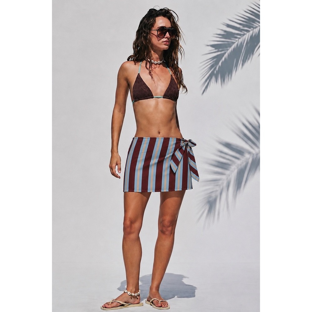 Free People Striped Wrap Midi‎ Skirt OS Blue Burgundy Linen Blend Boho NWOT